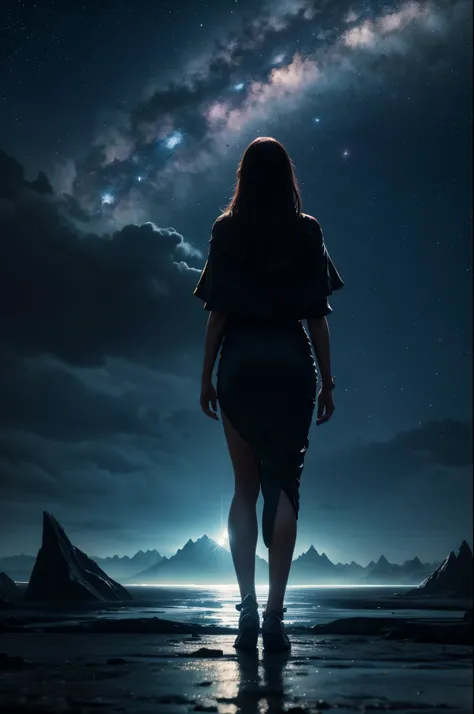 Cosmic cities in the distance, a tall girl figure facing forward and looking into the distance colors and space. lifestyle photography, candid, realistic, epic realism, cinematic, epic realism,8K, highly detailed and water falls behind her and more cosmic,...