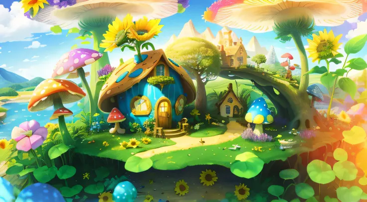 world in a bottle，A fairyland-like hideaway，Colorful mushroom house，a fairy world，夏天，Seafront，Rios，tree house，sunflower fields，lavender，mountain ranges，mountain peaks，big trees，