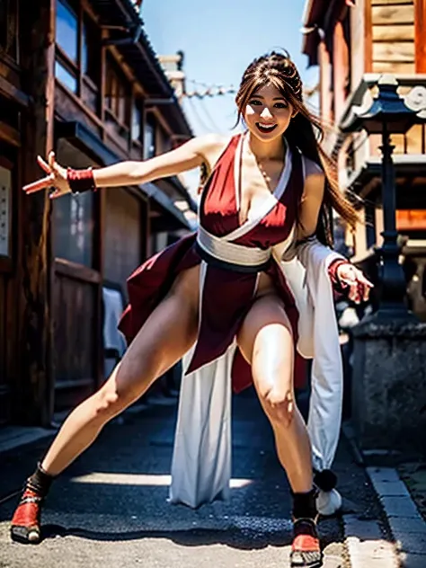 mai shiranui, brown eyes, the whole body is reflected,the toes are visible,  standing, full body, prestige, long hair, brown hai...