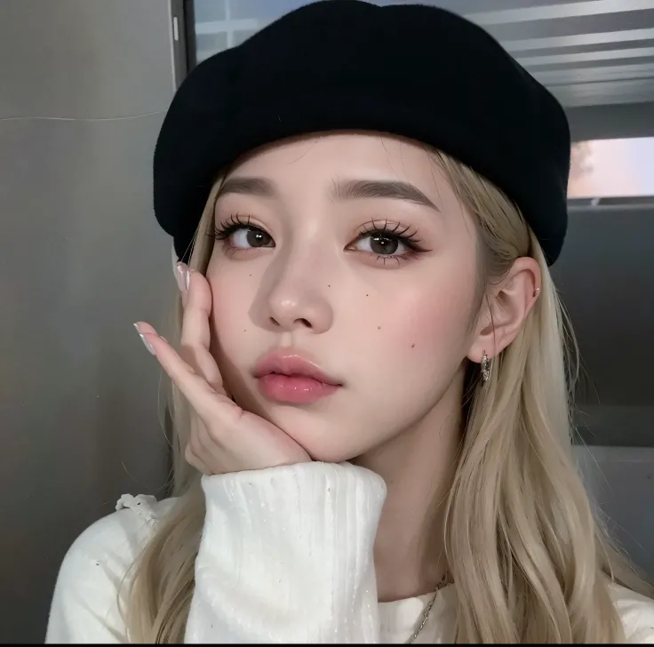 a close-up of a person with a hat and a hand on their face, Parque Roseanne do Blackpink, Retrato de Jossi de Blackpink, jossi do blackpink, Ulzzang, Jinyoung Canela, maquiagem sul-coreana popular, Heonhwa Choe, maquiagem coreana popular, Dom Yunjoo, menin...