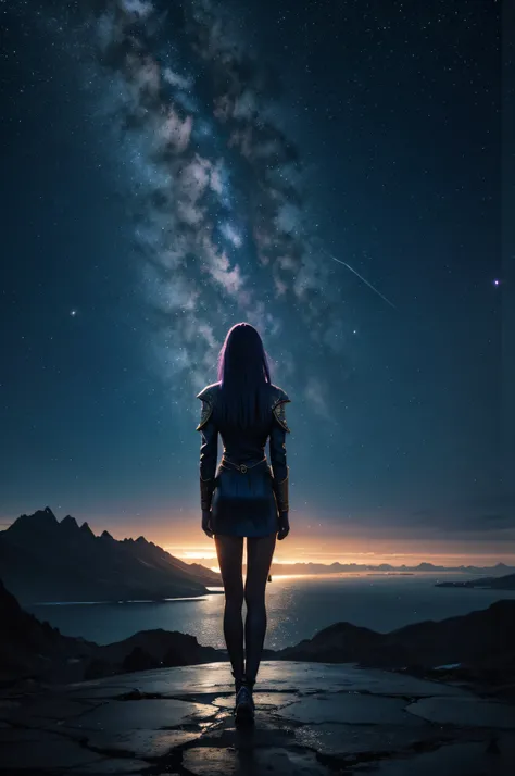 Cosmic cities in the distance, a tall girl figure facing forward and looking into the distance colors and space. lifestyle photography, candid, realistic, epic realism, cinematic, epic realism,8K, highly detailed and water falls behind her and more cosmic,...