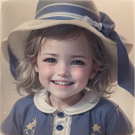 3-year-old girl smiling, Wear a navy collared blue and white blouse,Wear a navy hat.Bust photo.