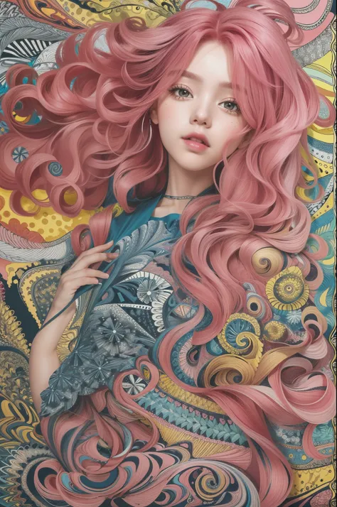 ((masterpiece:1.2, best quality)), ultra detailed, Ultra-precise depiction, Ultra-detailed depiction, (zentangle:1.2), (dynamic pose), (abstract background:1.5), wavy long hair, pink hair, 1girl, colorful, portrait, (from above:1.2)