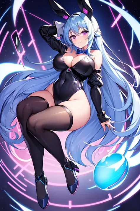 1girl, blue hair, large breasts, bunny ears, rabbit ears, wide hips, bodysuit, black bodysuit, long hair, science-fiction, tech, futuristic, machinery, full body, ((full body)), purple eyes, shoes, light smile, happy