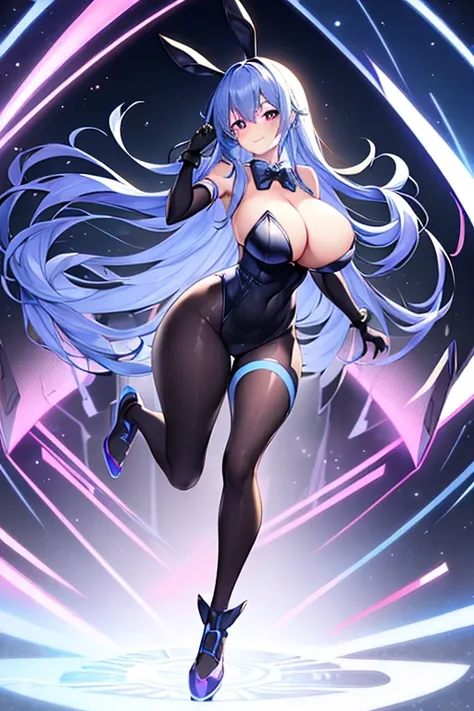 1girl, blue hair, large breasts, bunny ears, rabbit ears, wide hips, bodysuit, black bodysuit, long hair, science-fiction, tech, futuristic, machinery, full body, ((full body)), purple eyes, shoes, light smile, happy