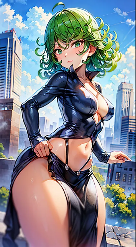 (masterpiece, best quality:1.2), cowboy shot, solo, 1girl, tatsumaki, lustful, closed mouth, looking at the viewer, ass, wide hips, black dress, blue sky, clouds, erotica