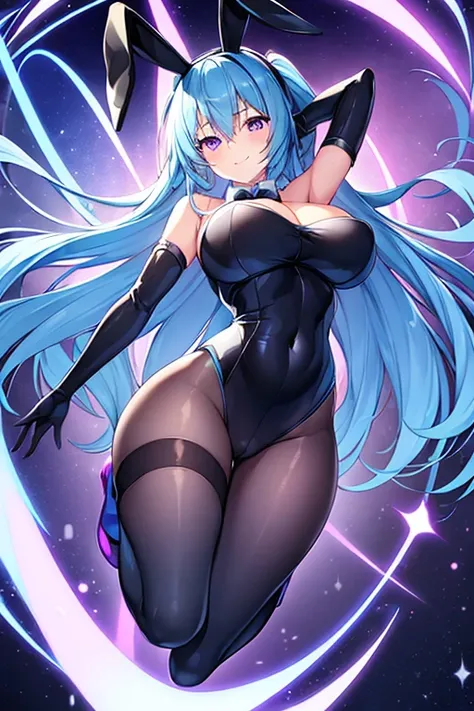 1girl, blue hair, large breasts, bunny ears, rabbit ears, wide hips, bodysuit, black bodysuit, long hair, science-fiction, tech, futuristic, machinery, purple eyes, shoes, light smile, happy, sky, night, stars, moon, night sky, glowing eyes