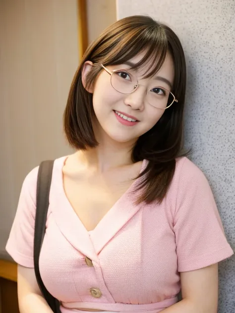 Portrait, Beautiful Japan Woman. Round face, Straight medium hair, Bangs, cosmetics,Almond Eyes ,widely spaced eyes,Tsurime,pink pink eyeshadow,Mole under the eyes, small mouth, thin lips, Red lips,pink cheek,Smiling face, Round glasses, Fully takeoff,smal...