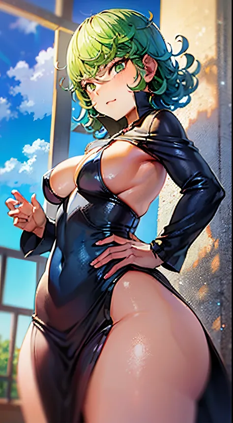 (masterpiece, best quality:1.2), cowboy shot, solo, 1girl, tatsumaki, lustful, closed mouth, looking at the viewer, ass, wide hips, black dress, blue sky, clouds, erotica