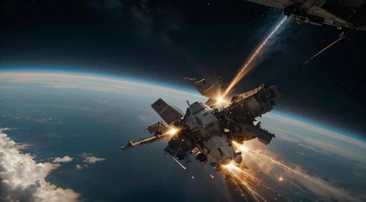 Spaceship explosion, damage in space, realistic details, hyper-realism, bright picture, ultra-wide angle, birds-eye view, high reality, light and dark