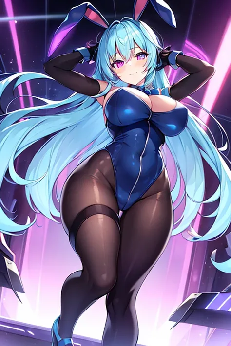 1girl, blue hair, large breasts, bunny ears, rabbit ears, wide hips, bodysuit, black bodysuit, long hair, science-fiction, tech, futuristic, machinery, purple eyes, shoes, light smile, happy, glowing eyes