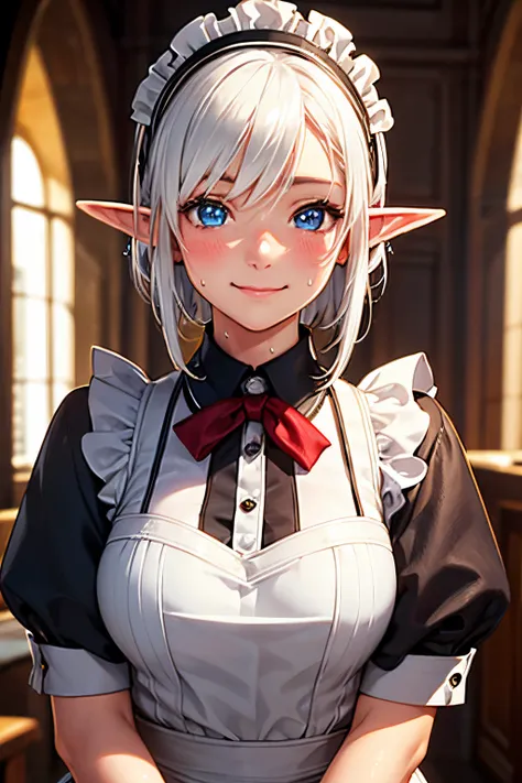 (High quality, High resolution, Fine details, Realistic), Maid Costume, World of Fantasy, Room in a Castle, solo, Elf, women, White hair, sparkling eyes, (Detailed eyes), smile, blush, Sweat, Oily skin, Shallow depth of field