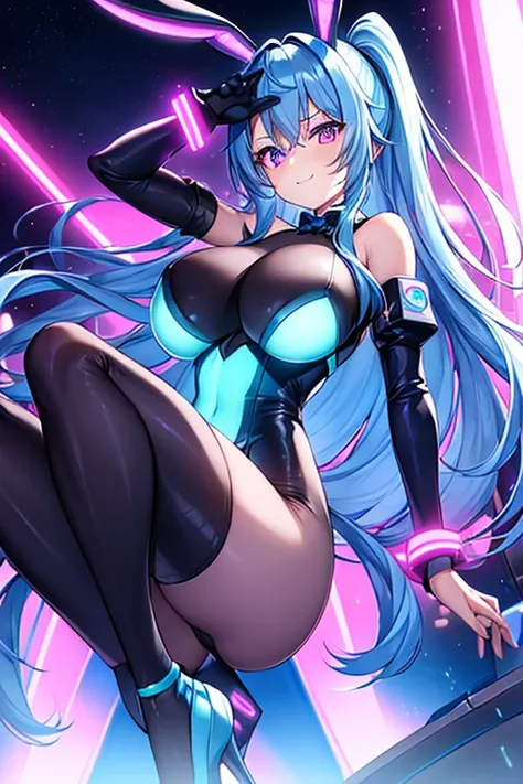 1girl, blue hair, large breasts, bunny ears, rabbit ears, bodysuit, black bodysuit, long hair, science-fiction, tech, futuristic, machinery, purple eyes, shoes, light smile, happy, glowing eyes, blue neon trim, neon trim, neon