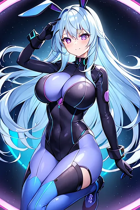 1girl, blue hair, large breasts, bunny ears, rabbit ears, bodysuit, black bodysuit, long hair, science-fiction, tech, futuristic, machinery, purple eyes, shoes, light smile, happy, glowing eyes, blue neon trim, neon trim, neon