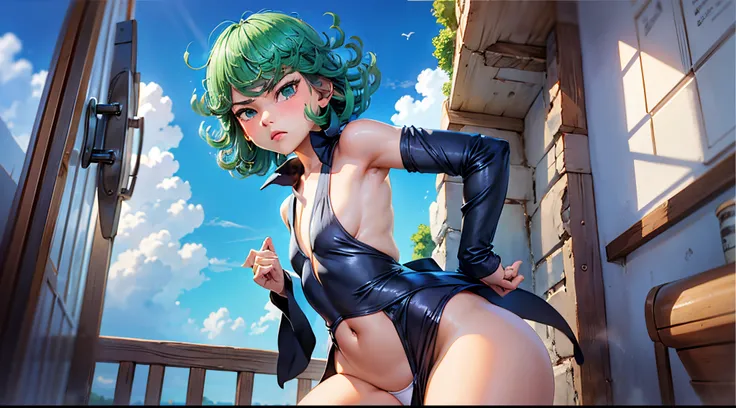 (masterpiece, best quality: 1.2), cowboy shot, solo, 1girl, (tatsumaki), angry, mouth shut, looking at the viewer, arms crossed, black dress, blue sky, clouds, wide hip, thick thighs, defined body, perfect beautiful body, perfect beautiful ass, micro white...