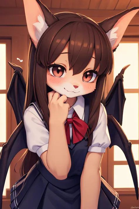 A charming and petite anthropomorphic female bat with wings dressed as a schoolgirl. She has long and luxurious hair that falls over her shoulders. She is confessing her feelings for you with a shy smile and a blush. She is looking happy with dreamy brown ...