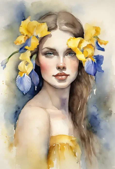 Young girl with yellow and blue iris, Stacia Burlington style, watercolor, soft color, Serene face, close-up, Vintage images