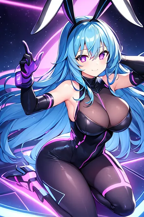 1girl, blue hair, large breasts, bunny ears, rabbit ears, bodysuit, black bodysuit, long hair, science-fiction, tech, futuristic, machinery, purple eyes, shoes, light smile, happy, glowing eyes, blue neon trim, neon trim, neon, electricity