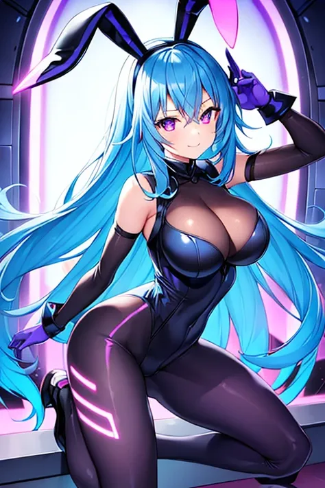 1girl, blue hair, large breasts, bunny ears, rabbit ears, bodysuit, black bodysuit, long hair, science-fiction, tech, futuristic, machinery, purple eyes, shoes, light smile, happy, glowing eyes, blue neon trim, neon trim, neon, electricity