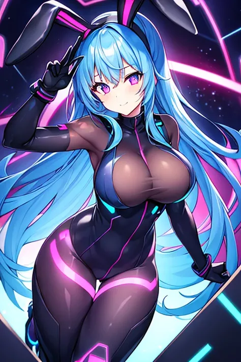 1girl, blue hair, large breasts, bunny ears, rabbit ears, bodysuit, black bodysuit, long hair, science-fiction, tech, futuristic, machinery, purple eyes, shoes, light smile, happy, glowing eyes, blue neon trim, neon trim, neon, electricity