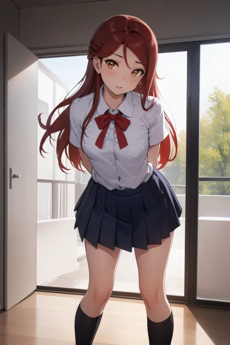 rikosakurauchi, riko sakurauchi, (brown eyes:1.5), hair between eyes, long hair, (red hair:1.5), (small breast:1.2), 
break skir...