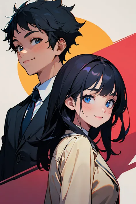 (best quality,ultra-detailed,illustration:1.2), Upper body, one boy and one girl, back-to-back, student uniform, blazer, black hair, smile, looking at a viewer, beautiful detailed face, daytime,