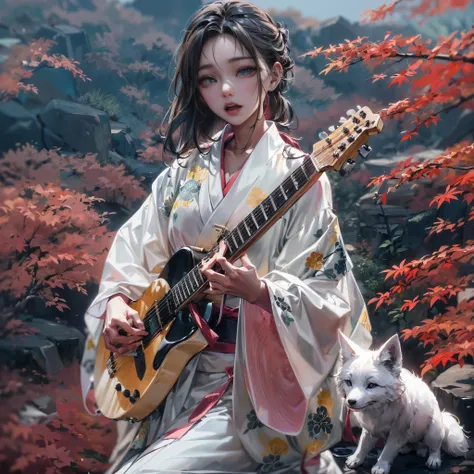 Cinematic lighting,super detailed skin、Beautiful detailed eyes、Best Quality,Perfect Anatomy,(Alternative、dim colors, Soothing tones:1.3),(Detailed beautiful facial features:1.3)A girl wearing a flashy white kimono、 （Girl Playing Guitar、Highly detailed hand...