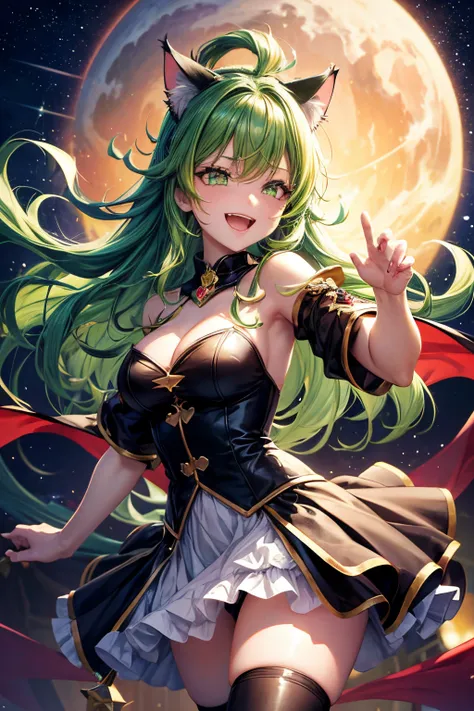 Top quality, high resolution, perfect human structure, background focus, front view, shiny hair, cat ears, green hair, witch cosplay, devil, dancing stars, multicolored hair, laughing happily, star-shaped pupils , wavy hair