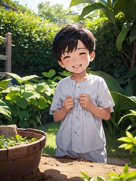 Amidst the playful laughter, we focus on Minh, a young boy with bright, curious eyes, exploring the family garden. As he digs into the soil, his eyes widen in surprise and wonder as he unearths a small chest filled with shimmering gemstones.