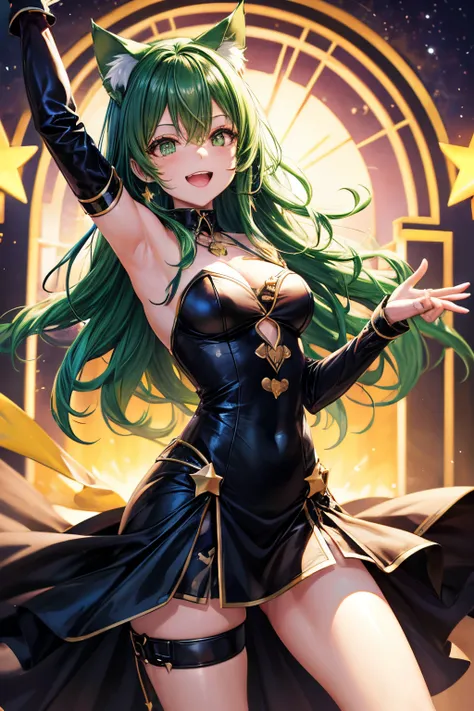 Top quality, high resolution, perfect human structure, background focus, front view, shiny hair, cat ears, green hair, witch cosplay, devil, dancing stars, multicolored hair, laughing happily, star-shaped pupils , wavy hair