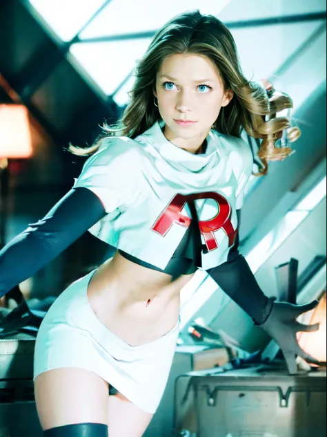 face of melissa benoist, 1girl,team rocket,team rocket uniform, red letter R, white skirt,white crop top,black thigh-highs,black elbow gloves