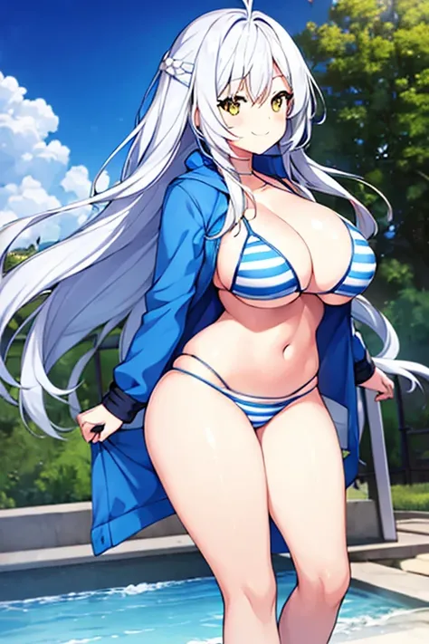 1girl, blue hair, large breasts, thick thighs, wide hips, blue jacket, yellow eyes, white hair, horizontal stripes, striped bikini, smile, happy, light smile, long hair, open jacket, bikini, 2d, anime style, anime screencap