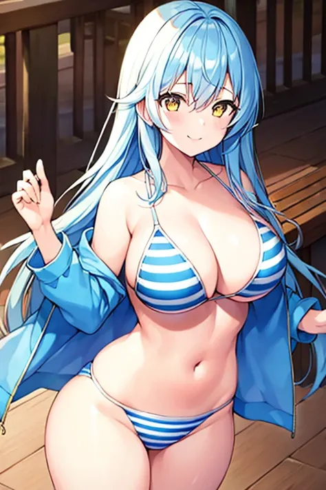 1girl, blue hair, large breasts, thick thighs, wide hips, blue jacket, yellow eyes, white hair, horizontal stripes, striped bikini, smile, happy, light smile, long hair, open jacket, bikini, 2d, anime style, anime screencap