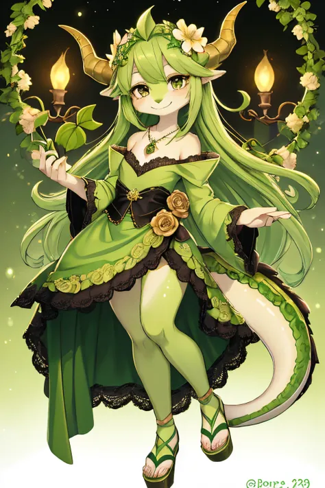 An anthropomorphic female dragon dressed as a glamorous girl. She has luxurious hair that is emerald green, and medium horns that are leafy and flowery. She is on a moonlit terrace, holding a vine and growing a small garden. She is looking happy with dream...