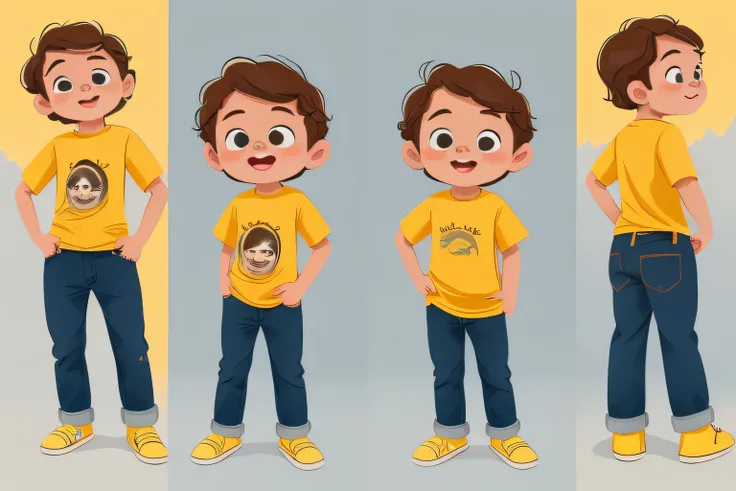 menino com cabelos escuros e olhos expressivos, yellow T-shirt and jeans