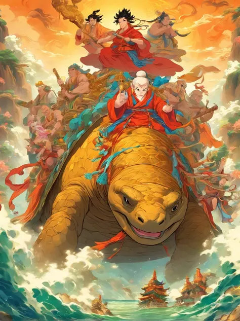 An epic scene，Chinese novel &quot;Journey to the West&quot;，The four masters and disciples of Tang Monk sat on a huge turtle，Roam under the sea，