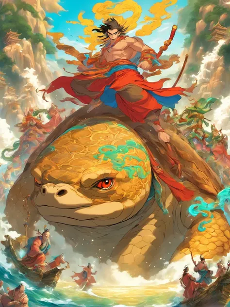 An epic scene，Chinese novel &quot;Journey to the West&quot;，The four masters and disciples of Tang Monk sat on a huge turtle，Roam under the sea，