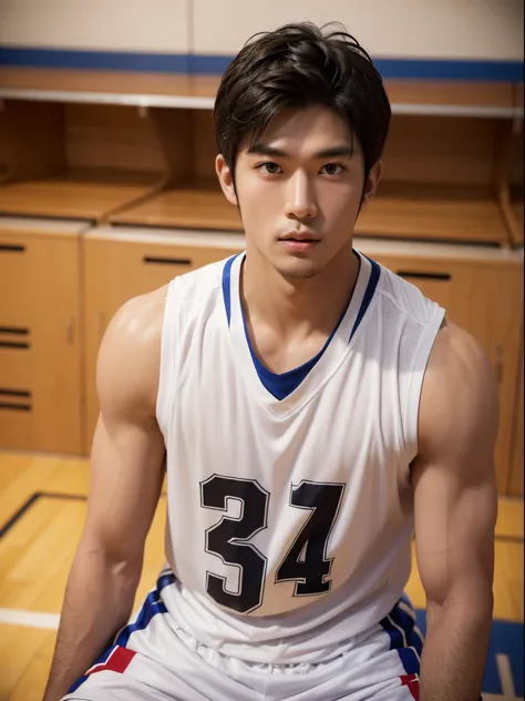 Japanese basketball player, big muscles, dark skin, handsome, good facial details, sitting at a locker, sweating a lot, sharp image, looking at camera, studio lighting, modeling, sexy, portrait