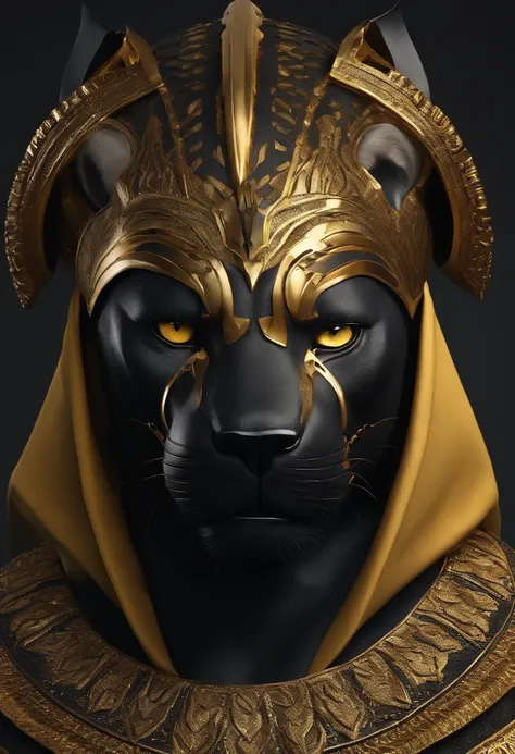 A man with a black panther&#39;s head and golden yellow eyes, roupas do Egito com cajado dourado do Egito guerreiro forte