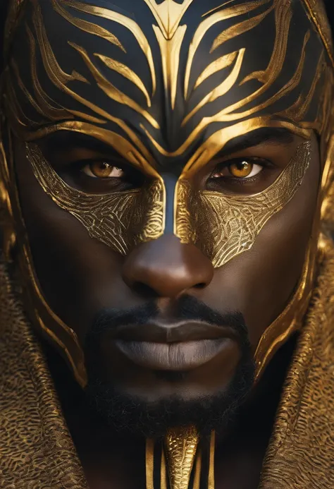 A man with a black panther&#39;s head and golden yellow eyes, roupas do Egito com cajado dourado do Egito guerreiro forte