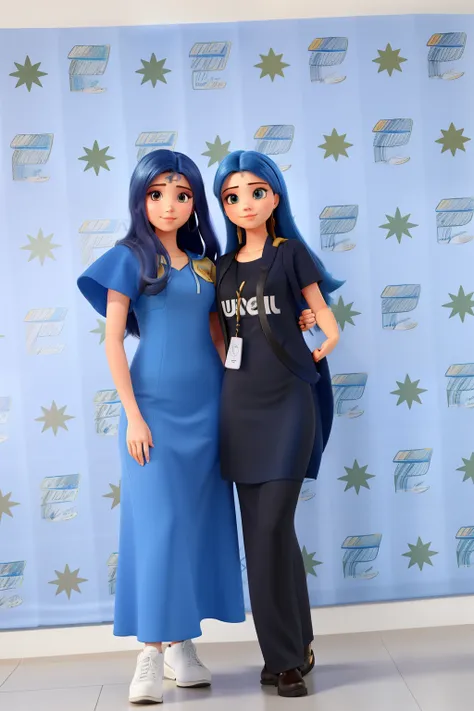 Duas meninas, uma de vestido azul com cabelo dourado nas pontas, e outra menina ruiva toda de preto, fundo azul com alguns detalhes