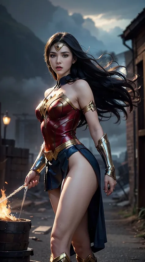 (best quality,4k,8k,highres,masterpiece:1.2),ultra-detailed,(realistic,photorealistic,photo-realistic:1.37), Gal Gadot as Wonder Woman, cinematic atmosphere. She is lifting her skirt and showing her panties, lifting her skirt, showing her panties camera, l...