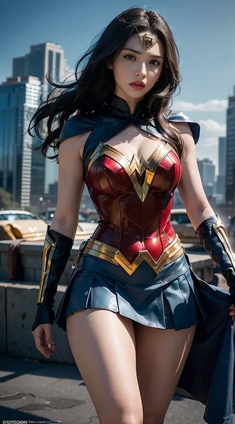 (best quality,4k,8k,highres,masterpiece:1.2),ultra-detailed,(realistic,photorealistic,photo-realistic:1.37), Gal Gadot as Wonder Woman, cinematic atmosphere. She is lifting her skirt and showing her panties, lifting her skirt, showing her panties camera, l...