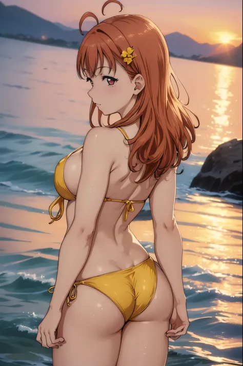 (best quality,4k,8k,highres,masterpiece:1.2), ultra-detailed, sunset , from behind , big breasts, takami chika, (yellow side-tie micro bikini), Blushing, thighs, cowboy shot, hair ornament, sea in background,wet, butt crack,ass