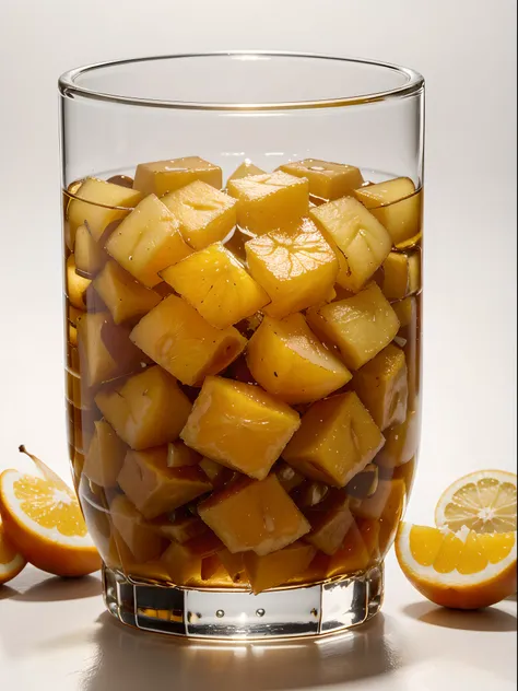 （Best quality，8K，Masterpiece：1.3），NOhumans，Clear glass，There are a lot of sliced pear in it、Oranges cut into cubes, blend, detalhe poderoso, intense detail, on the white background, Clear detail, professional,（Hyper-realistic：1.3）