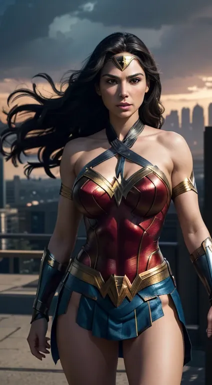 (best quality,4k,8k,highres,masterpiece:1.2),ultra-detailed,(realistic,photorealistic,photo-realistic:1.37), Gal Gadot as Wonder Woman, cinematic atmosphere. She is lifting her skirt and showing her panties, lifting her skirt, showing her panties camera, l...