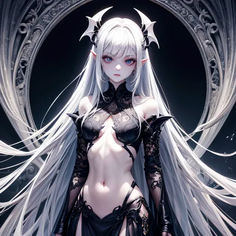 Crazy detailed photos of gorgeous vampire aliens, of a real, Long white hair, complicated eye roll, like a dream, Ethereal, the ultra-detailed, 32K resolution, 动态照明, Cover the navel, ultra - detailed, intricately details, Hot topics on artstation, white lu...