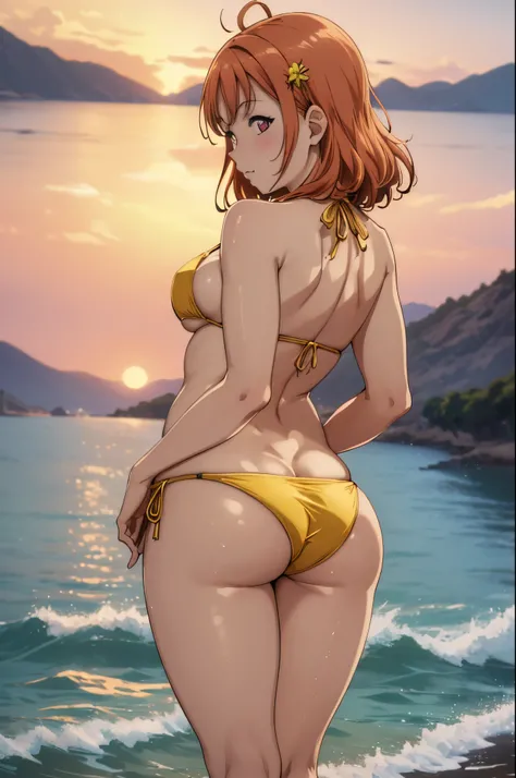 (best quality,4k,8k,highres,masterpiece:1.2), ultra-detailed, sunset , from behind , big breasts, takami chika, (yellow side-tie micro bikini), Blushing, thighs, cowboy shot, hair ornament, sea in background,wet, butt crack,ass, wedgie