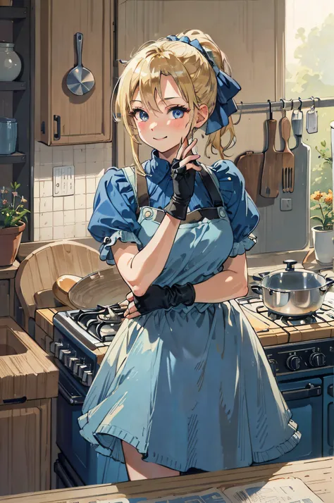 (masterpiece, best quality:1.2), cowboy shot, solo, 1girl, piper, smile, looking at viewer, (hand on own cheek:1.2), blonde hair, ponytail, blue dress, puffy short sleeves, fingerless gloves, kitchen