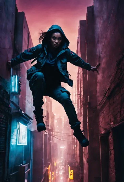 Create a scene where a woman jumps from roof to roof, escaping, she is wearing a hooded military jacket, cargo pants, and military boots, she dashes through a dimly lit alley, her silhouette highlighted by the vibrant glow of the cityscape, full body shot ...